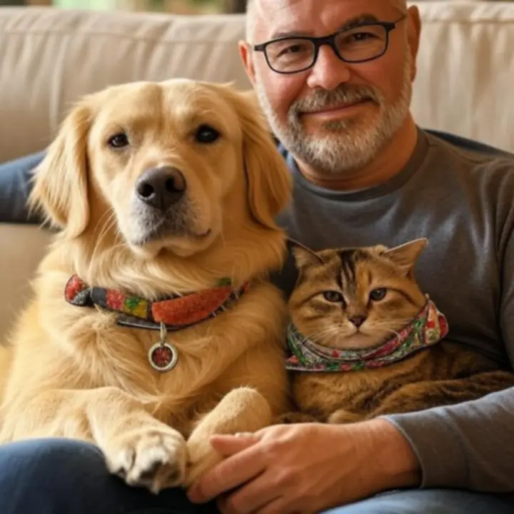 Opiekun bawiący się z pupilem w domu z użyciem akcesoriów dla zwierząt