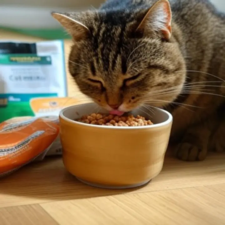 Kot z apetytem jedzący posiłek z miski