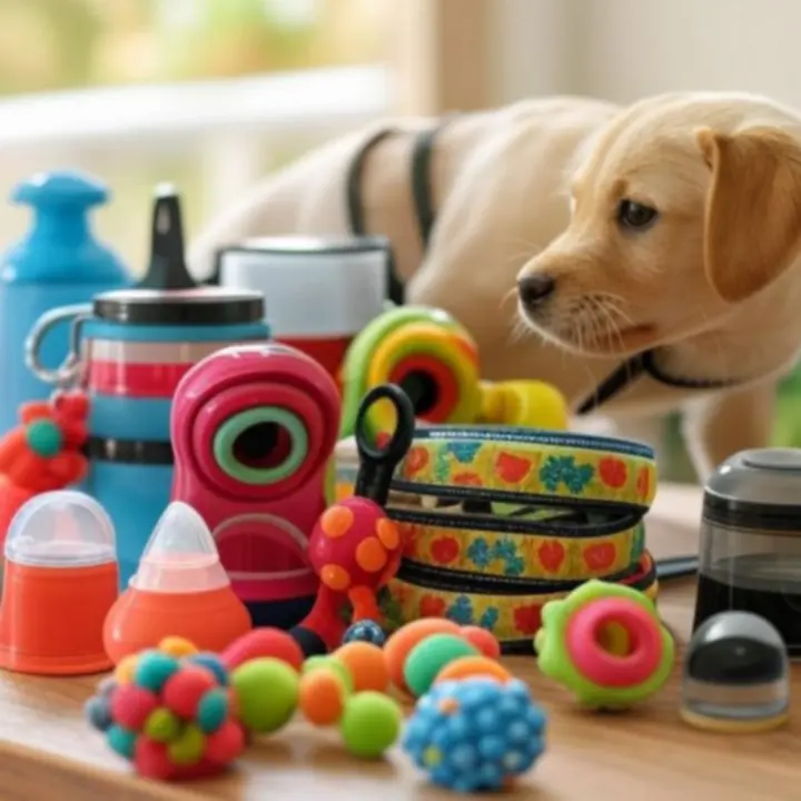 Pies w otoczeniu nowych zabawek, legowiska i akcesoriów z oferty PawMarketPL