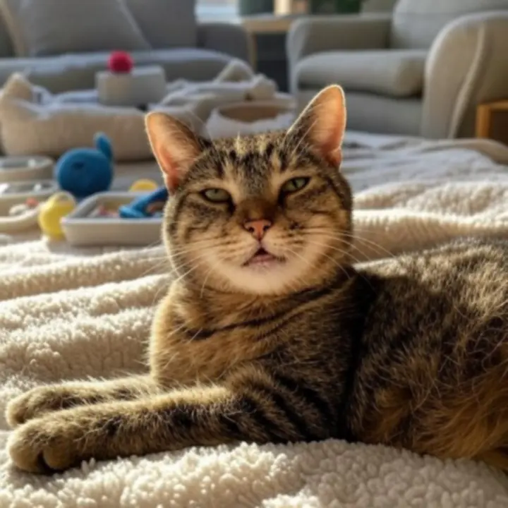 Zadowolony kot europejski krótkowłosy leżący na kocyku otoczony produktami dla kotów