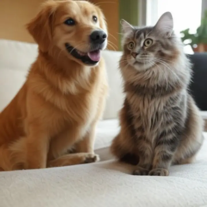 Radosne psy i koty bawiące się w domu