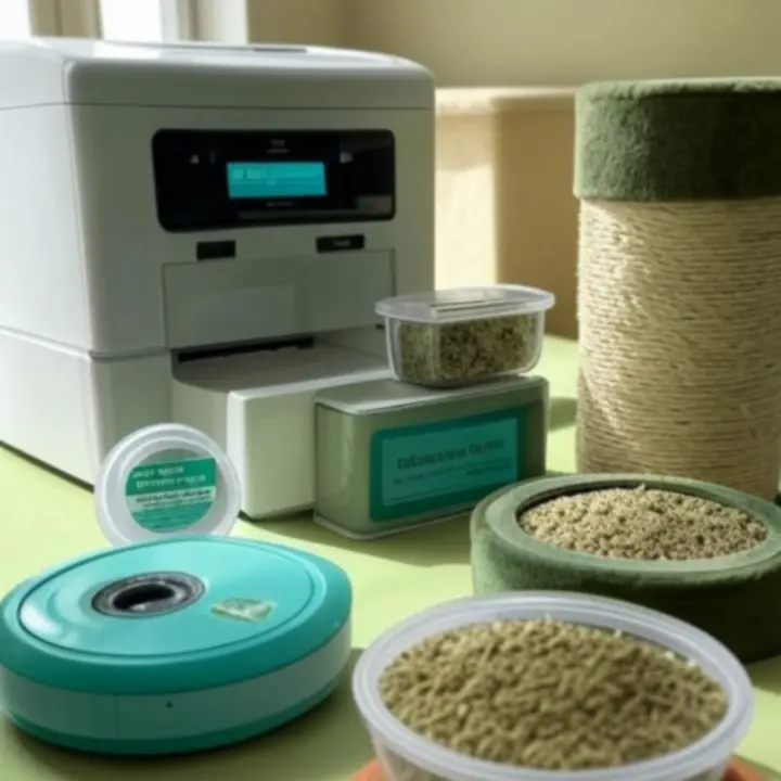 Zestaw nowych produktów dla kotów: miski, zabawki i akcesoria